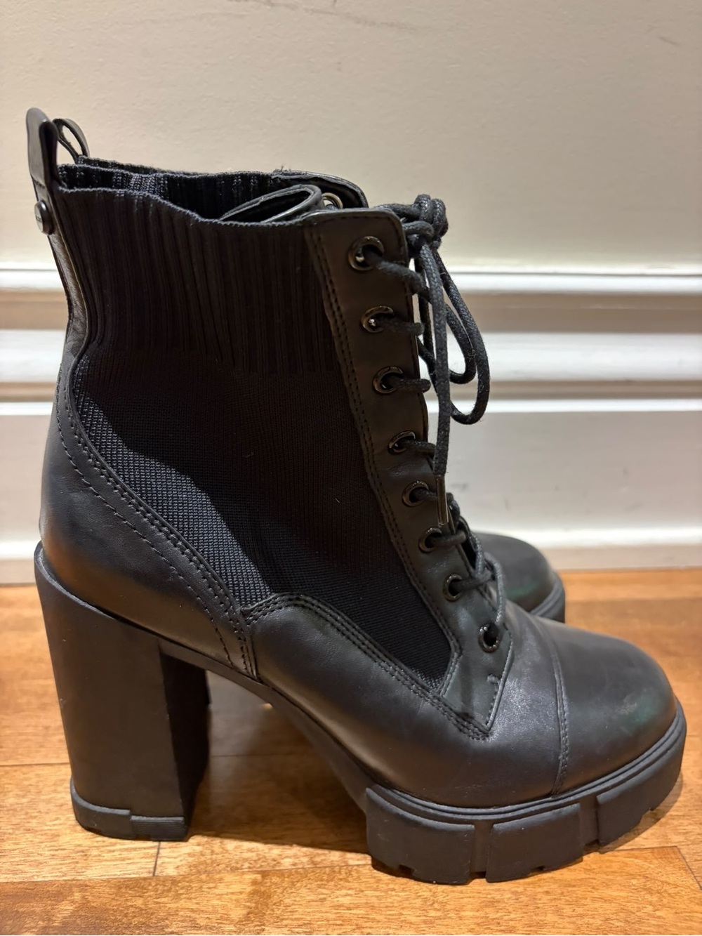 Aldo Black Lace-Up Chunky Heel Ankle Boots with Knit Collar